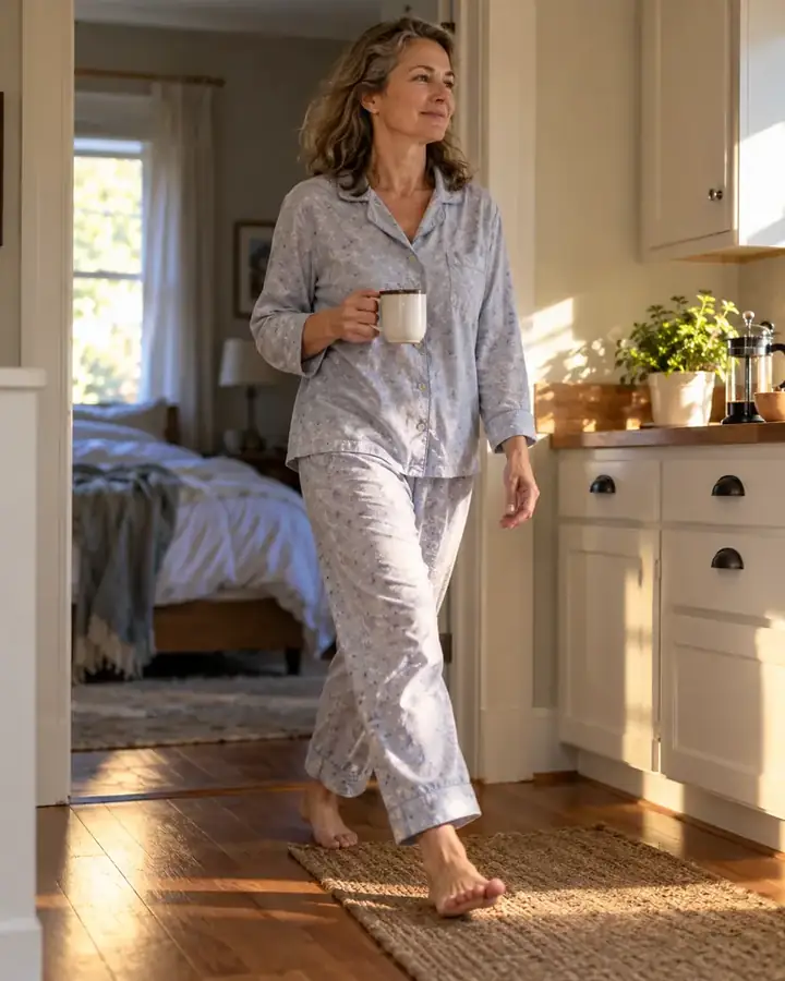 Woman walking calmly through her kitchen in the morning with a coffee