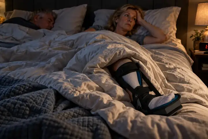 Person in bed wearing a bulky traditional night boot